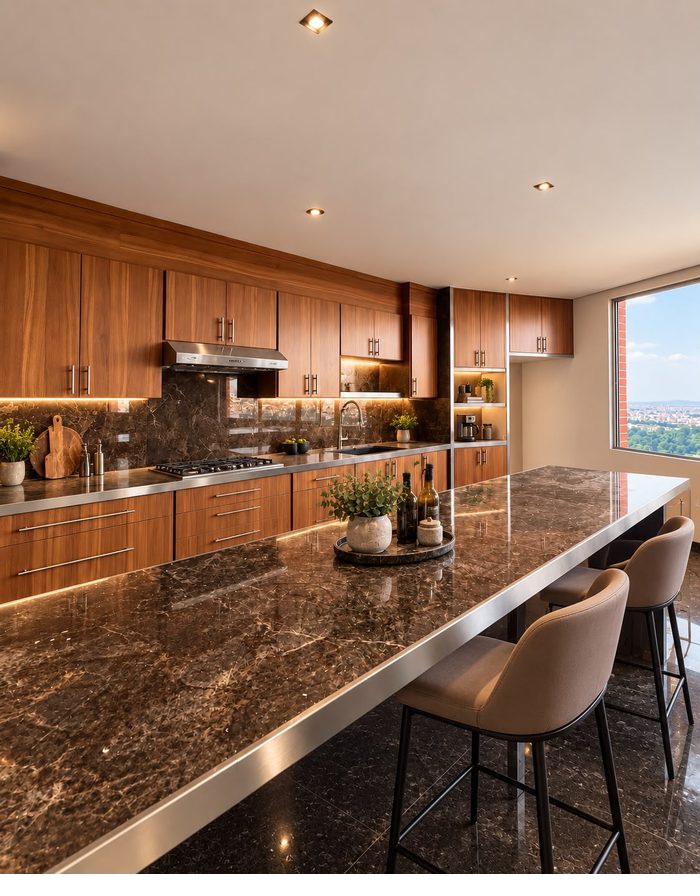 Cocina con barra de mármol
